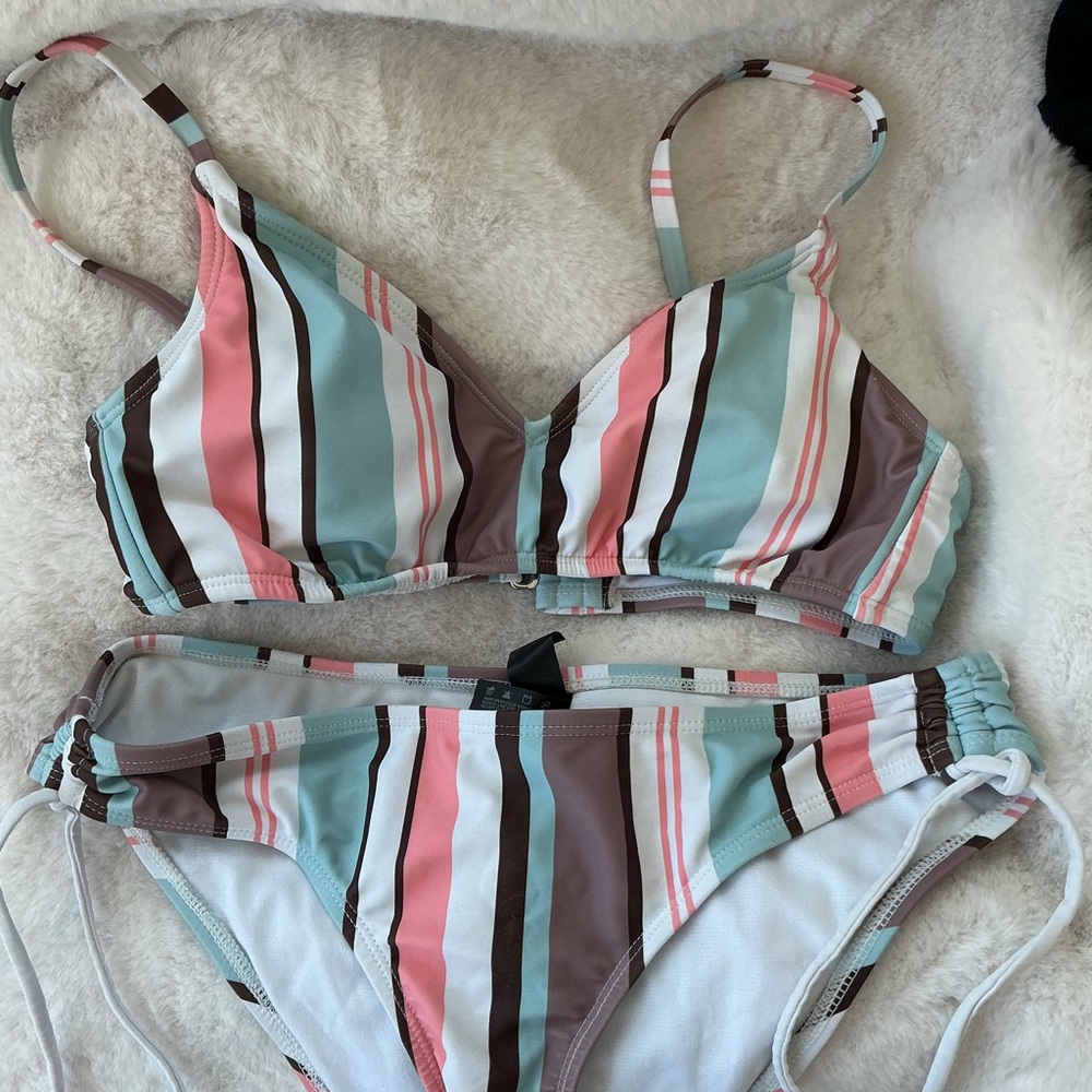 Striped Bikini Set in Pink, Blue, and Brown